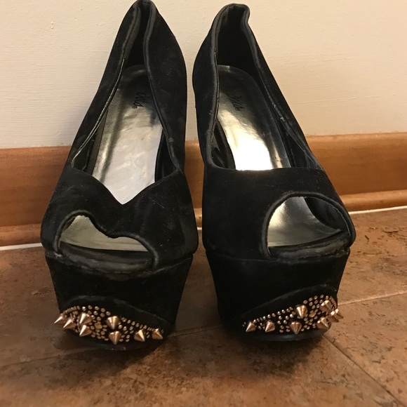Wide-Width Black Suede Peep-Toe Spiked Heels - Picture 2 of 4