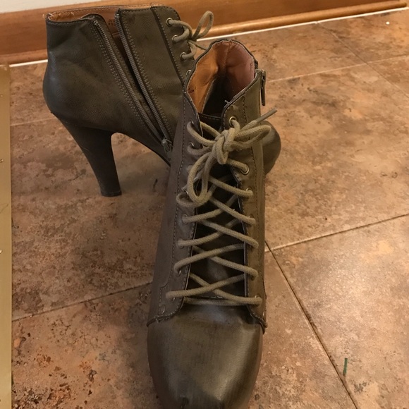 Vintage, Army Green, Lace-Up Booties