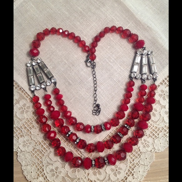 New Runway Faceted Red Bead & Rhinestone Necklace