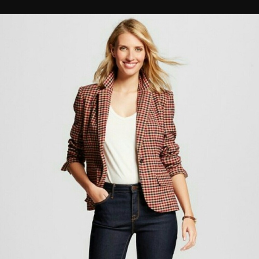 NWOT Merona Burgundy/Navy and Tan Checked Blazer