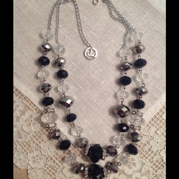 New TRIFARI 2 row Rhinestone Necklace, Blk & Gray