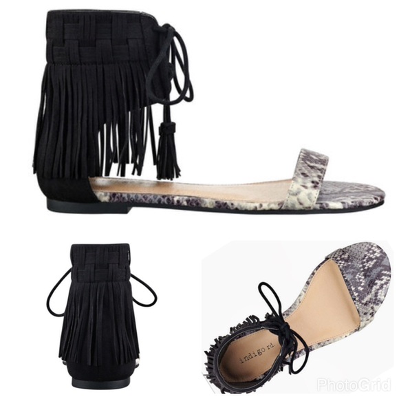 BLACK GLADIATOR VINTAGE FRINGE ANKLE LACEUP SANDAL - Picture 2 of 4