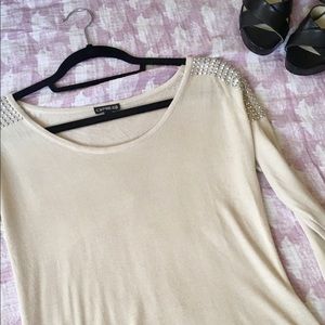 Express light beige rhinestone embellished sweater