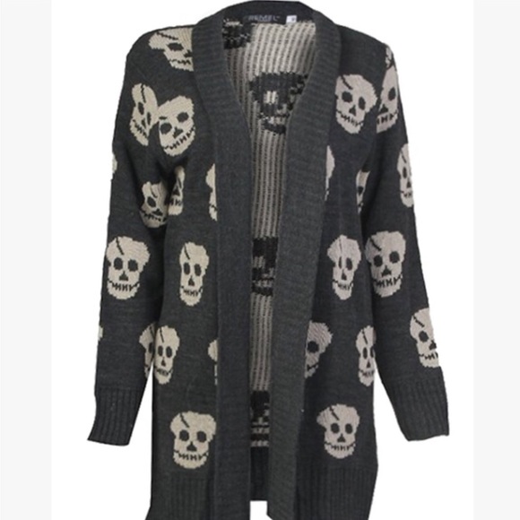 boutique Sweaters - Punk Grey Skull Print Cardigan Sweater L XL Glam