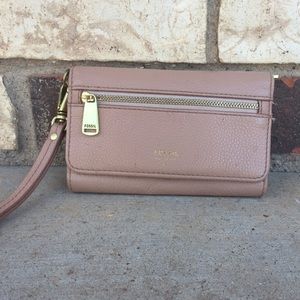Tan/light pink tint fossil wallet