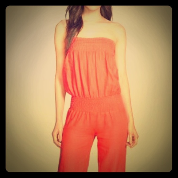 •YFB• Tangerine Linen Smocked Jumpsuit