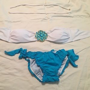 Turquoise and white jeweled bikini