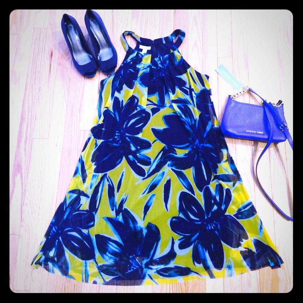 London Times Yellow and Blue Floral Dress