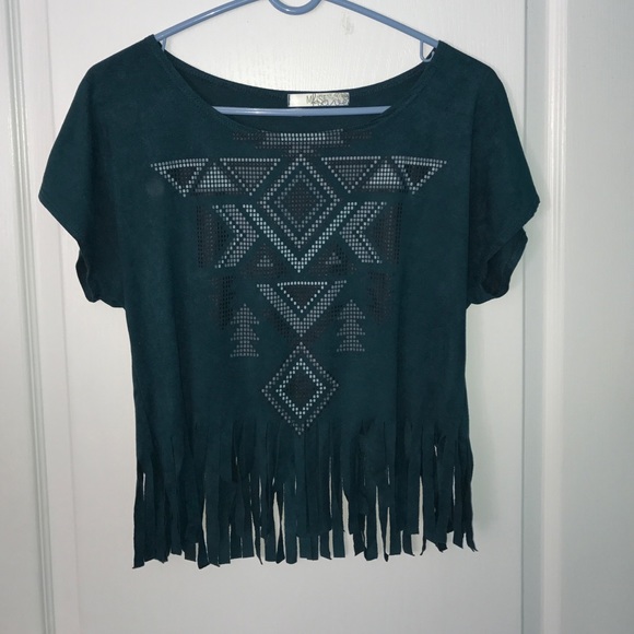 Blue tribal print fringe top!