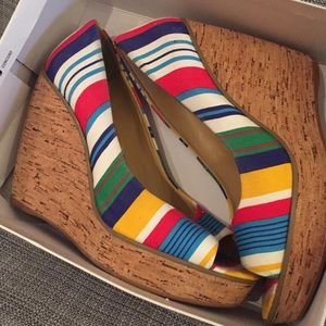 Colorful striped peep toe wedges