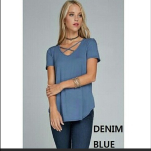 🚫Donated🚫New Strappy Denim Blue v-neck tee - Picture 3 of 5