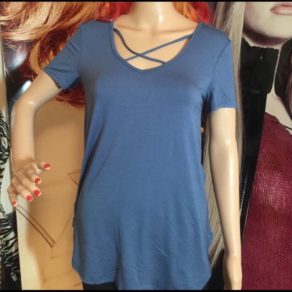 🚫Donated🚫New Strappy Denim Blue v-neck tee - Picture 4 of 5