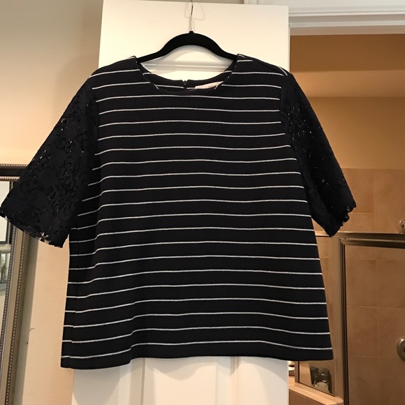 Navy LOFT Striped Sweater top with Lace Sleeves