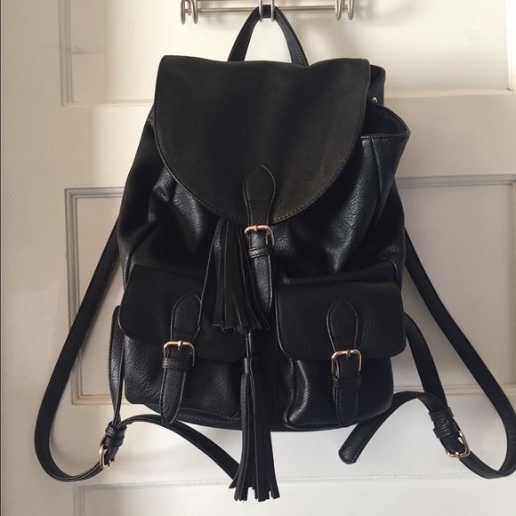 Black Leather Backpack with Tassel