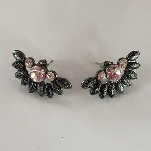 Black / gunmetal / crystal fan wing earrings