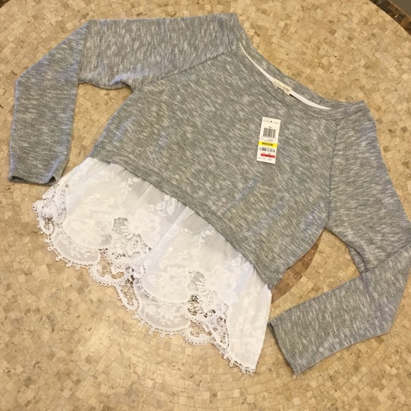 Off Shoulder Grey Sweater/White Lace Top