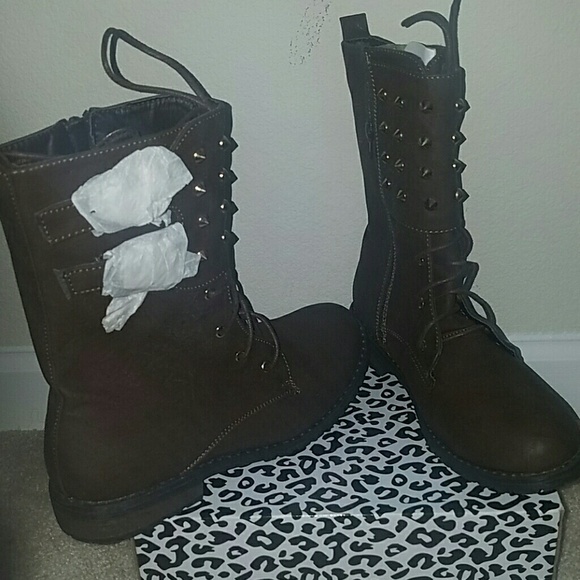 Chocolate Brown Combat Moto Boots with Gold Spikes