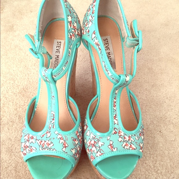 Teal Floral Pattern Steve Madden Wedges