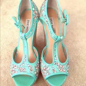Teal Floral Pattern Steve Madden Wedges