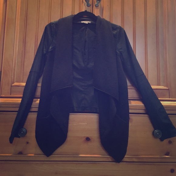 Vince Leather Sleeve Sweater Jacket Black x-small