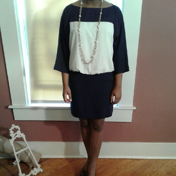 LOFT Dark Navy Blue &White Color-block Dress - Picture 2 of 4