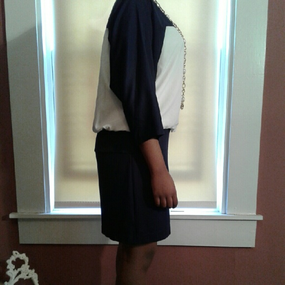 LOFT Dark Navy Blue &White Color-block Dress - Picture 3 of 4
