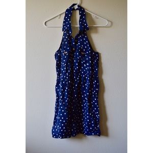 Blue polka dotted halter dress.