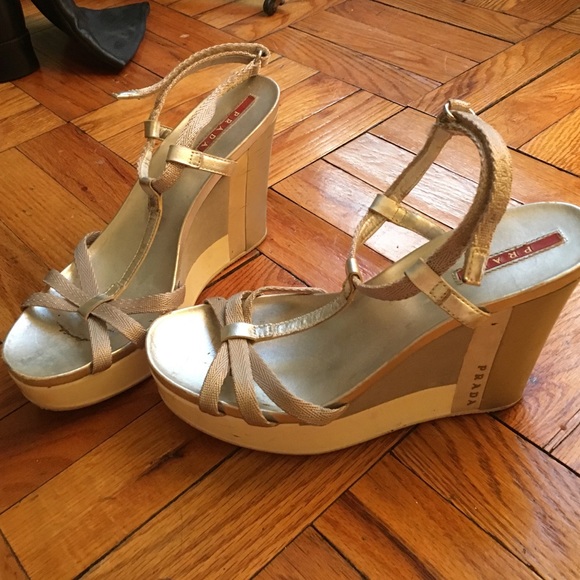 Silver Prada Wedge Sandals