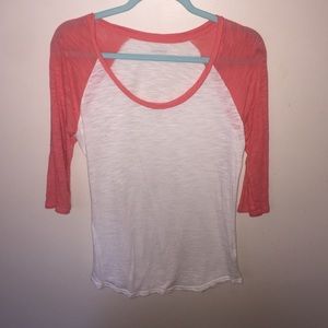 Baseball tee style shirt. White and coral.