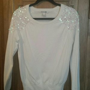 Embellished shoulder winter white sweater