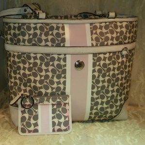 Coach Pink and White and Gray Bag with card holder