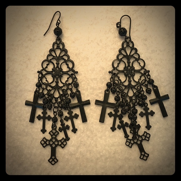 Black dangle cross earrings