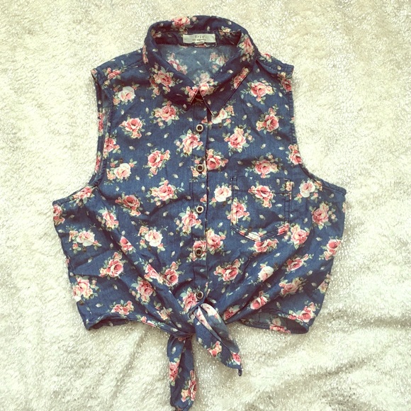 Iris Blue Jean Floral Button Up Crop Top
