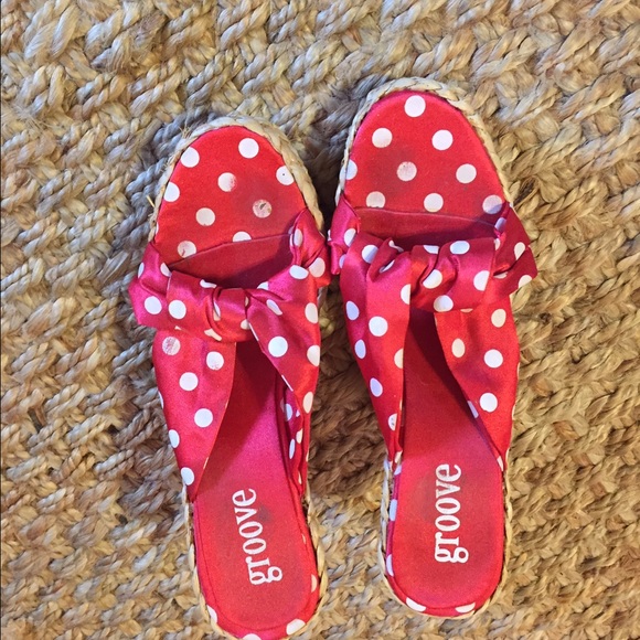 Red with white polka dot wedge sandals