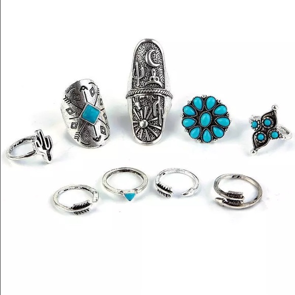 Boho SILVER + TURQUOISE 9/pc Midi Ring Set - Picture 2 of 6