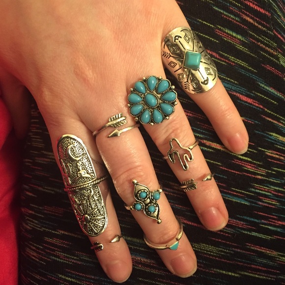 Boho SILVER + TURQUOISE 9/pc Midi Ring Set - Picture 3 of 6