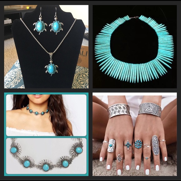 Boho SILVER + TURQUOISE 9/pc Midi Ring Set - Picture 5 of 6