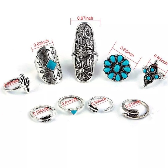 Boho SILVER + TURQUOISE 9/pc Midi Ring Set - Picture 4 of 6