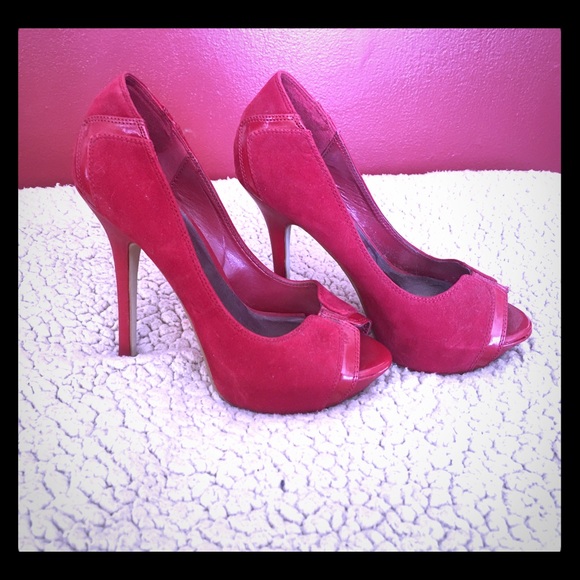Red suede high heels. Size 5.