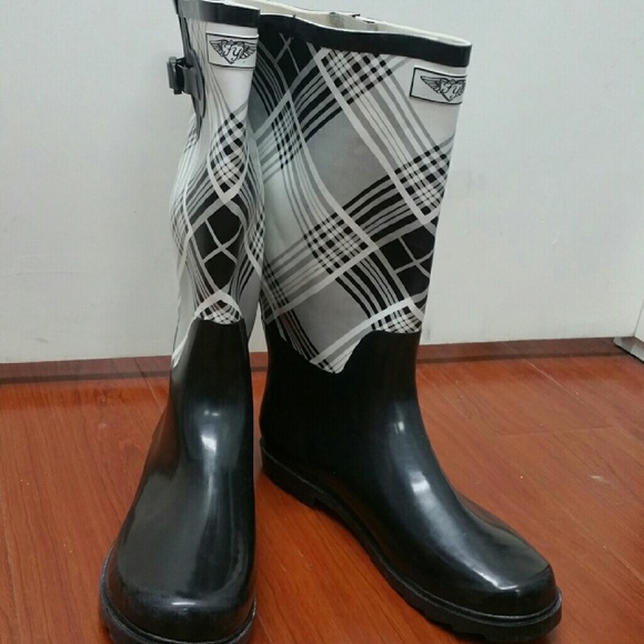 Women Rainboots, Tall Rubber Rain Boots, RB-1418, Black / White - Picture 2 of 3