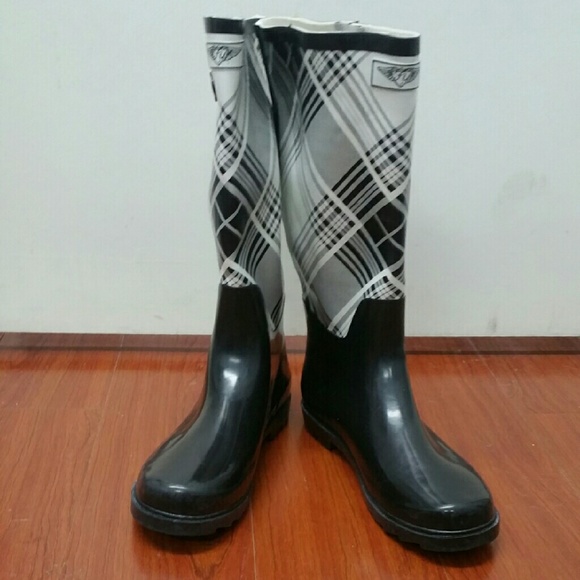 Women Rainboots, Tall Rubber Rain Boots, RB-1418, Black / White - Picture 3 of 3