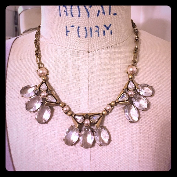 Vintage vibe brushed brass gem and pearl necklace