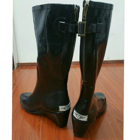 Women Wedge Rain boots w. Zipper, #1809, Black - Picture 3 of 3