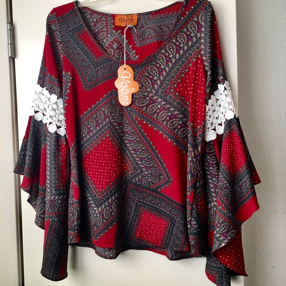 Voom Bell Sleeve Top Size M,  deep red w/green.