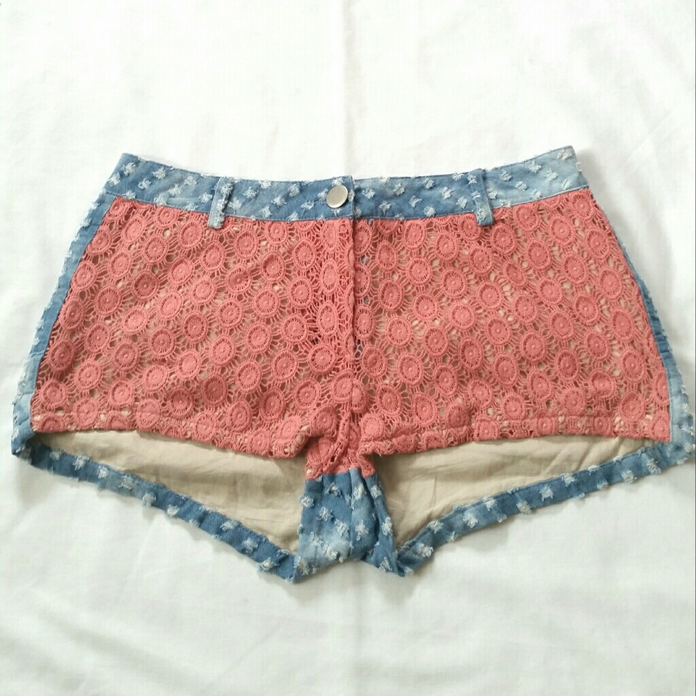 Coral Orange Crochet Distressed Shorts