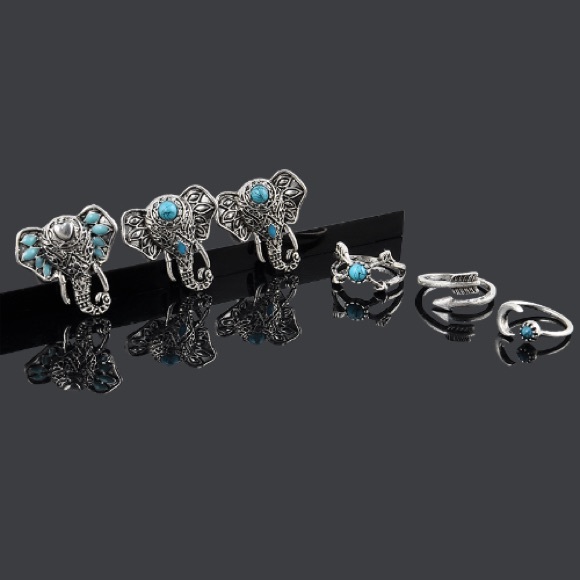 Elephant Ring Set Bohemian Silver Tone - Picture 2 of 4