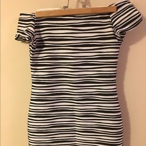 Striped cotton off shoulder cocktail mini dress