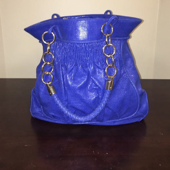 Faux crocodile blue purse with gold hardware