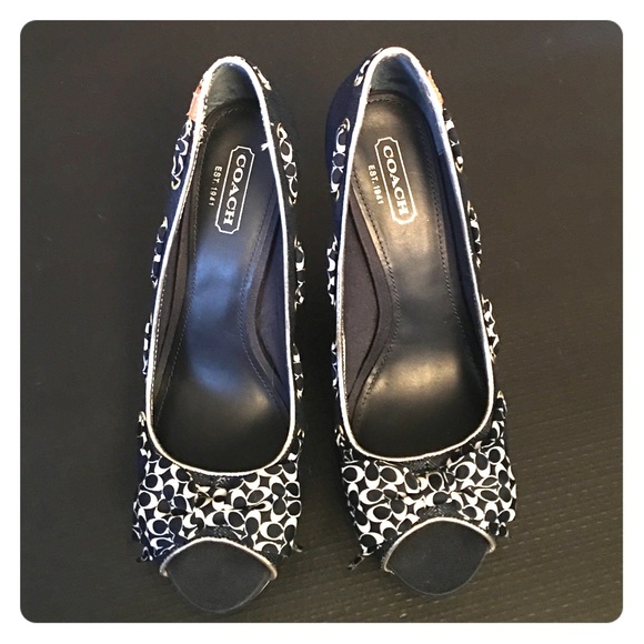 Coach Navy/White Open Toe Wedges
