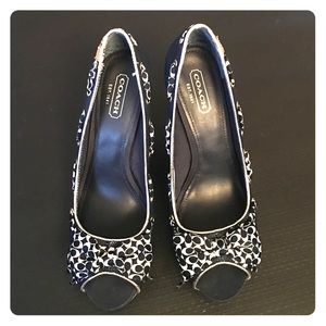 Coach Navy/White Open Toe Wedges